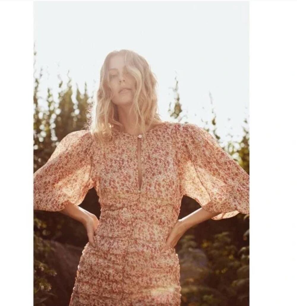 byTimo Dress Floral Delicate Floral Long Sleeve Rouch Mini Sheer Puff Sleeves